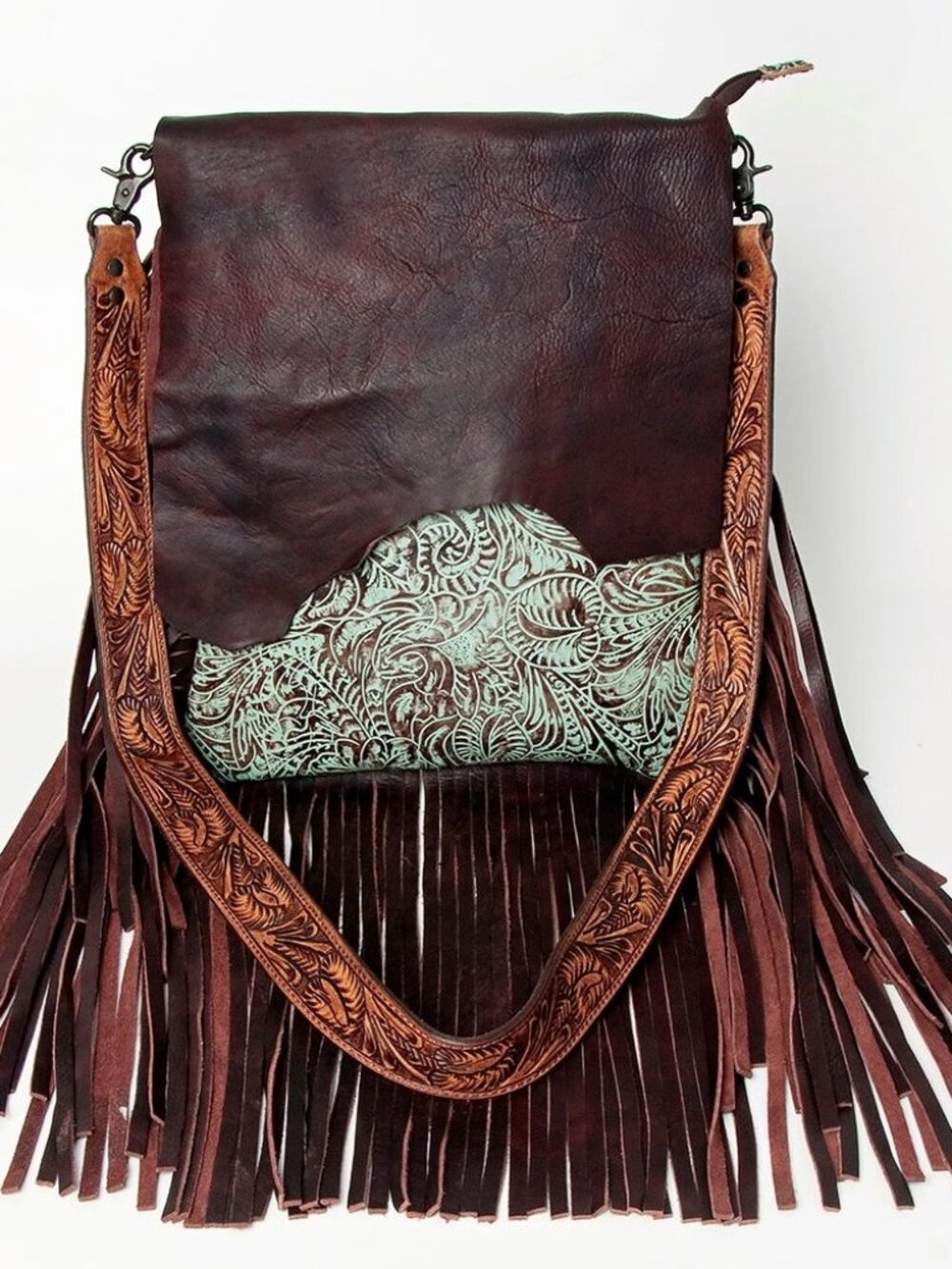 American Darling Leather Fringe Crossbody Bag Tooled Western Boho Cowgirl Purse